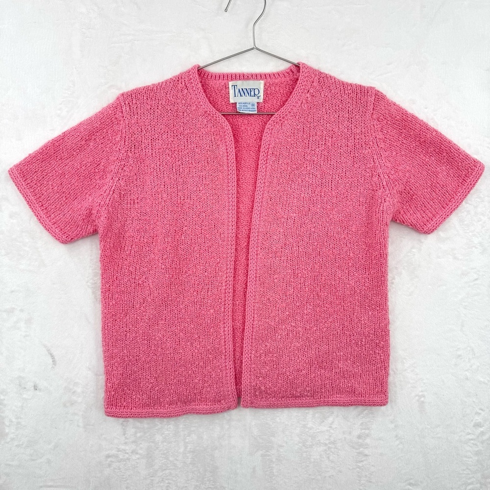 Vintage 80s Pink Cardigan Sweater Open Front Short Sleeves Barbie Women’s Medium